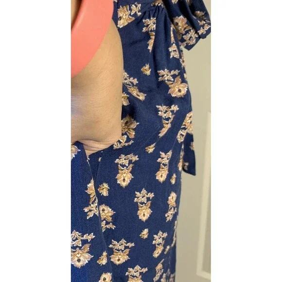 Lucky Brand Floral Midi Dress Button Collar Medium Minimalist Peasant Rayon Tie - Picture 7 of 12